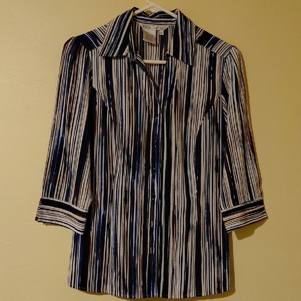 Fred David Multicolor Striped Shirt. Color, Navy Blue, White.